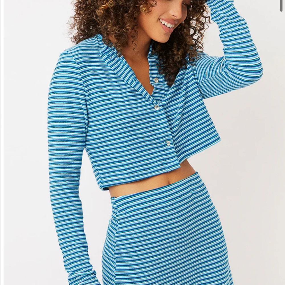 Frankie’s bikinis terry cardigan and skirt set Positano blue stripe